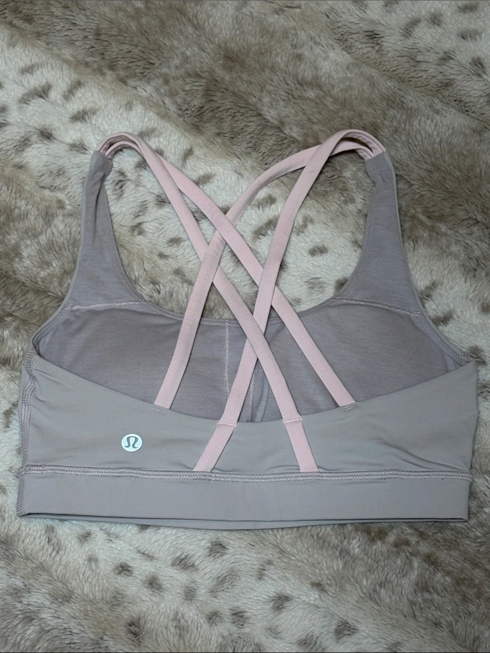 lululemon Energy Bra in Light Gray with Pale Pink Strappy Back, Size 4